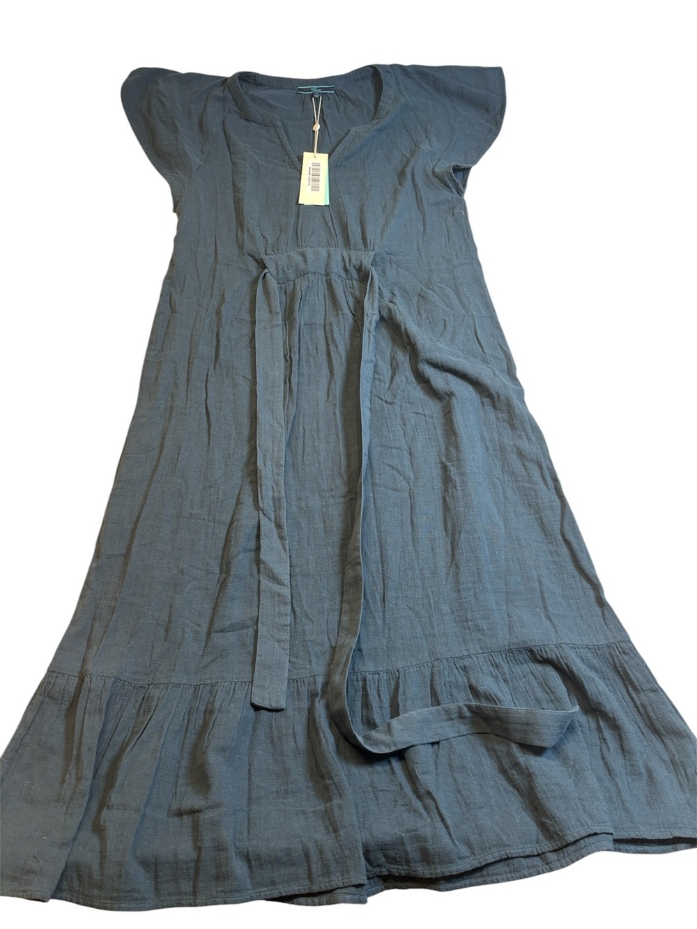 NWT Shore Coastal Gauze Belted Midi Dress Small Organic Cotton French Navy USA